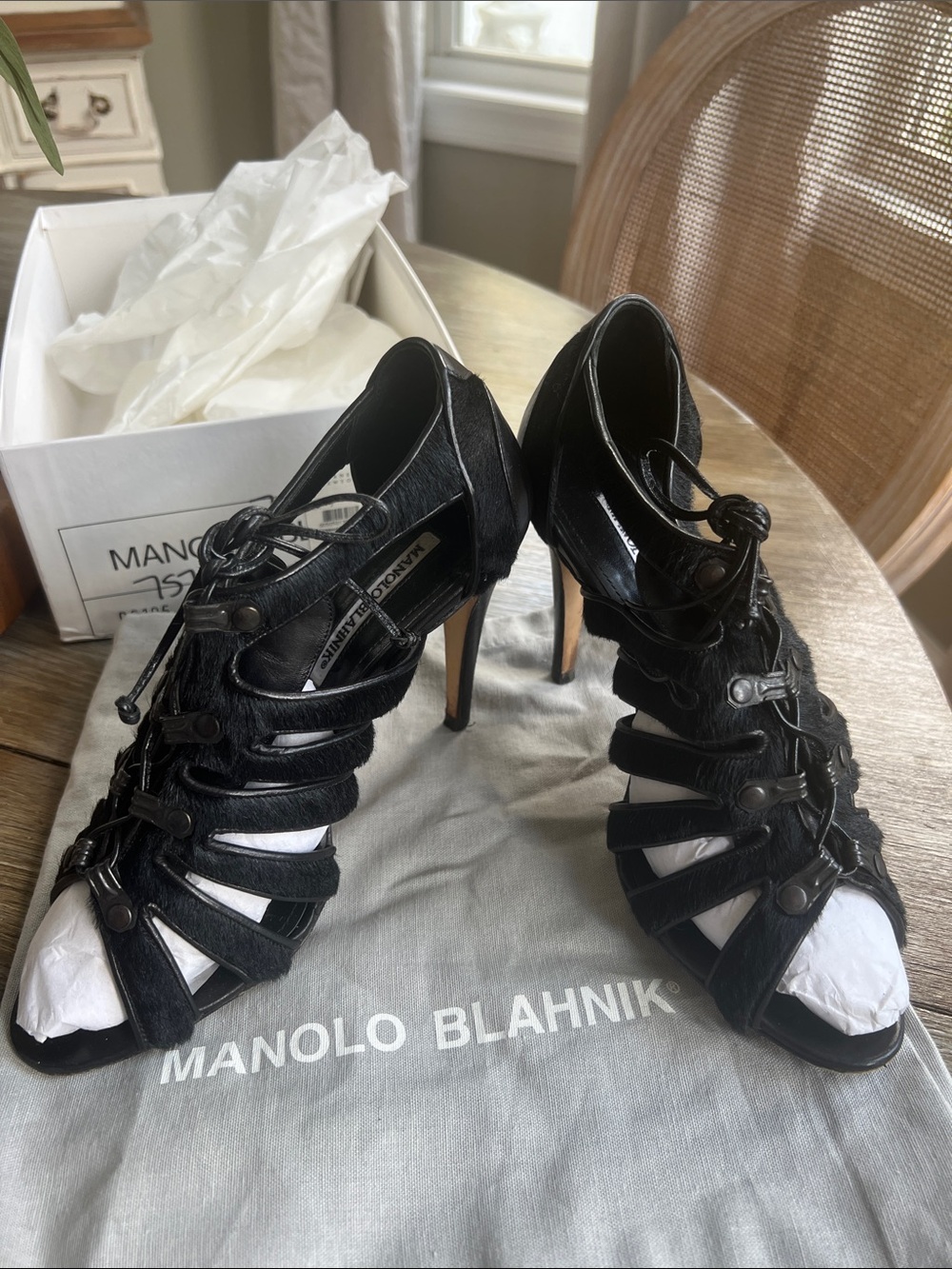 Manolo Blahnik Black Multi-Strap Lace-Up Stiletto Sandals